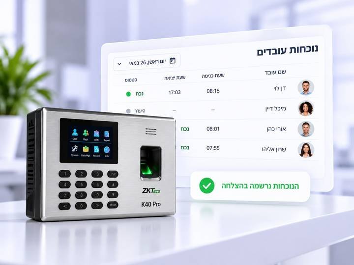 שעון נוכחות BIONIX עם זיהוי טביעת אצבע, ולצדו מסך דוח נוכחות עובדים
